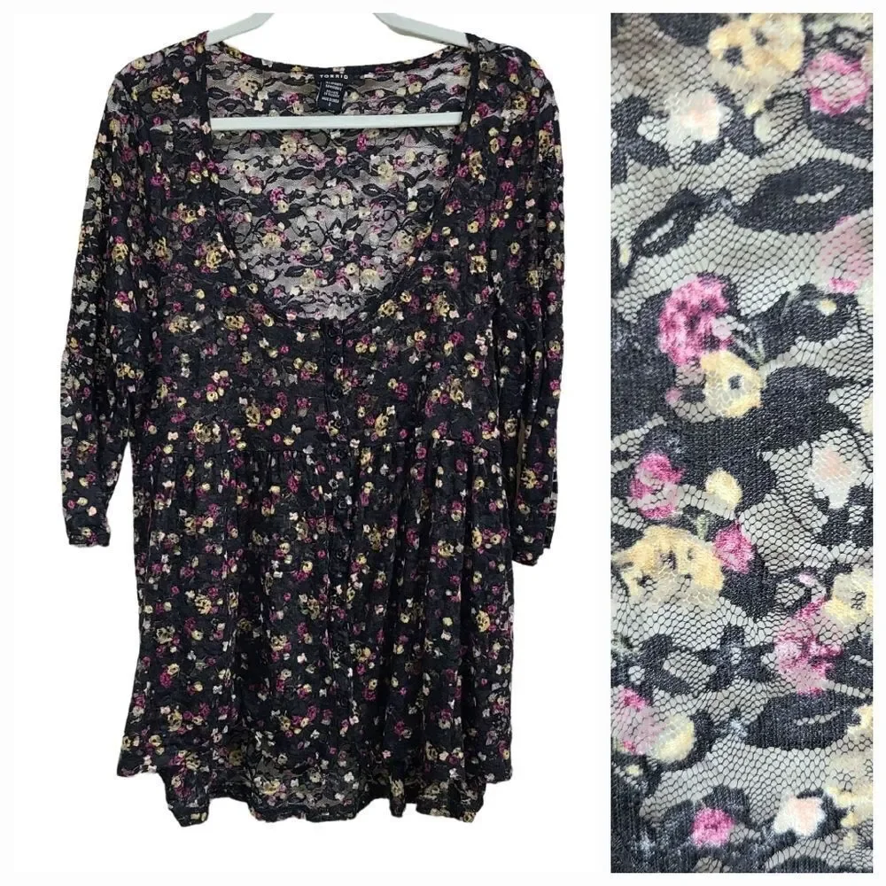 Torrid Floral Lace Peplum Blouse 2X Black Semi Sheer Babydoll Button Front Top